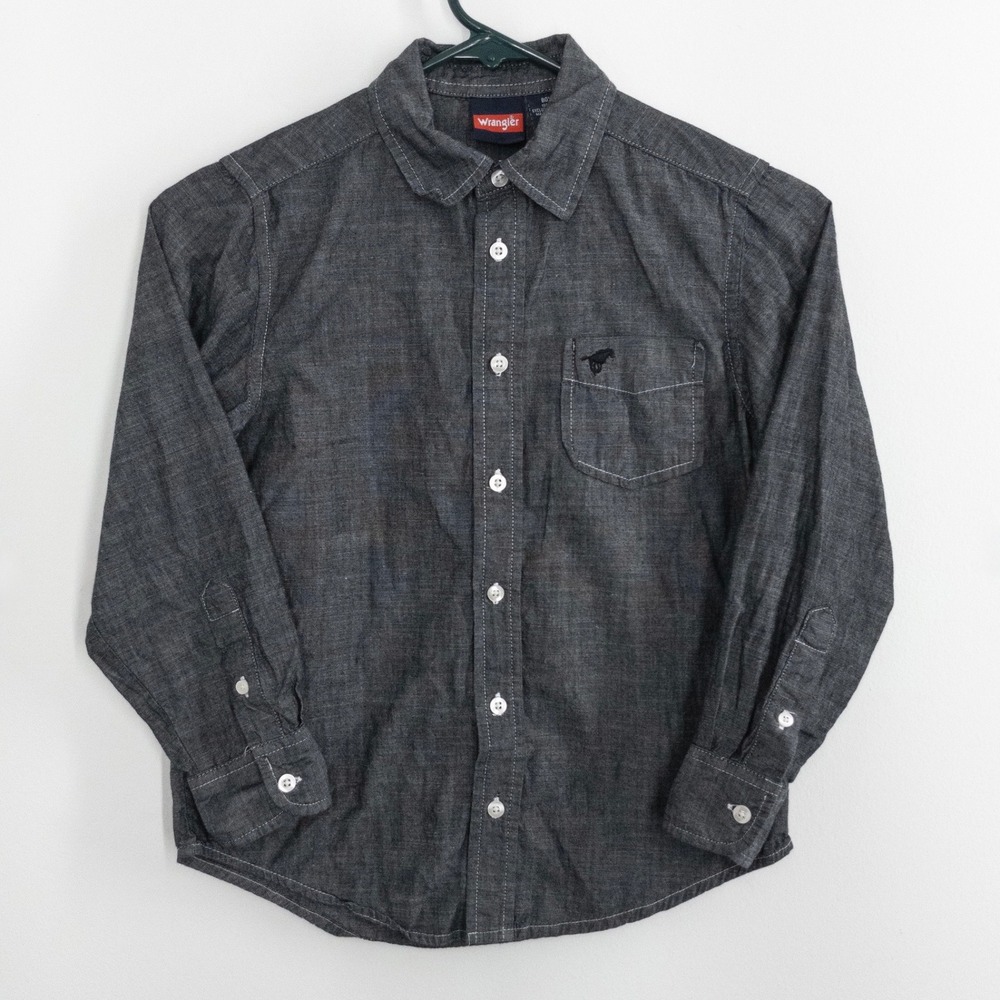 Wrangler‎ Boys M 8 Black Chambray Button Up Shirt Long Sleeve Cotton Casual